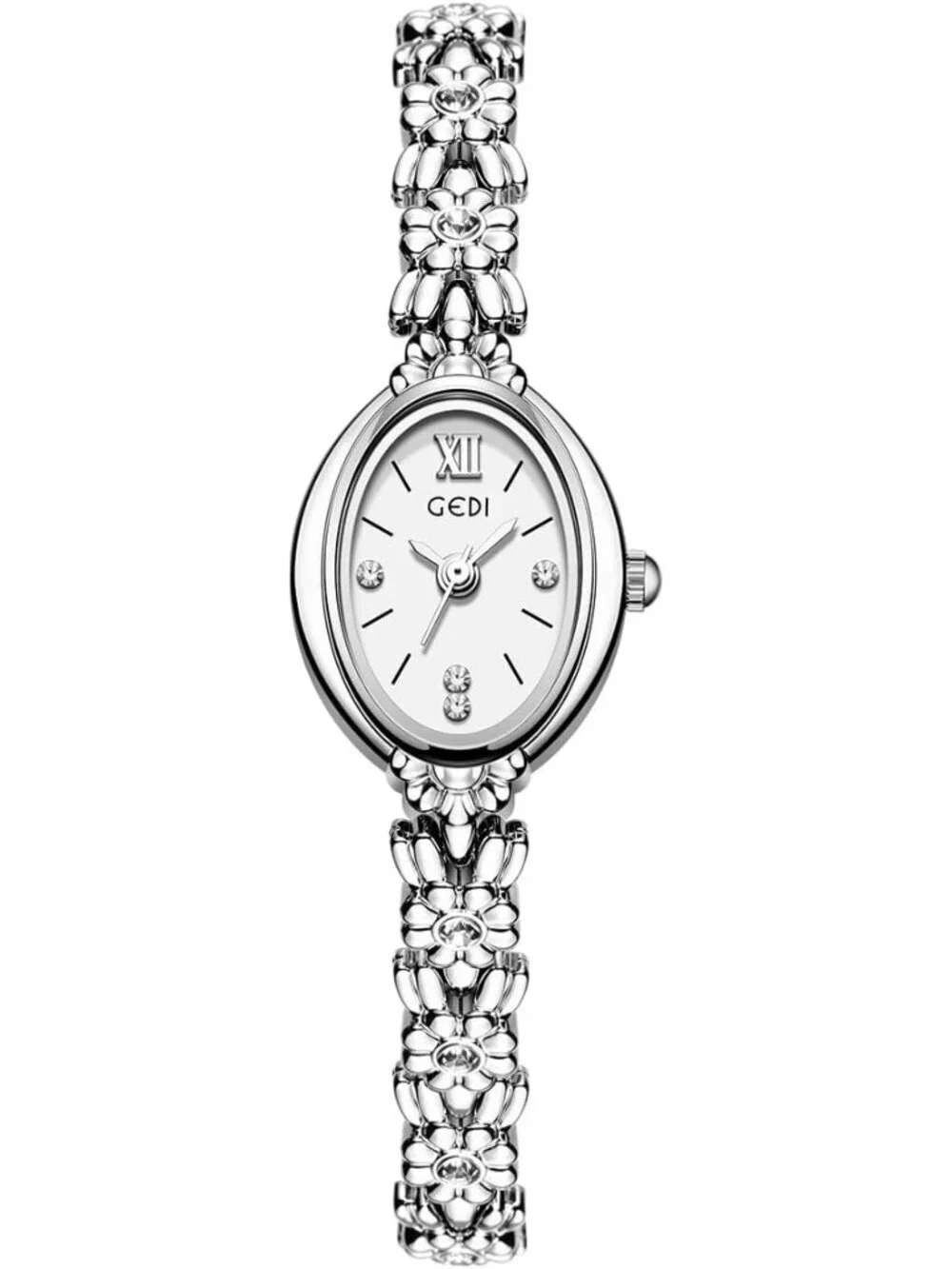 Women's White Silver Analog Quartz Alloy Steel Oval Roman Numeral Bracelet Watch